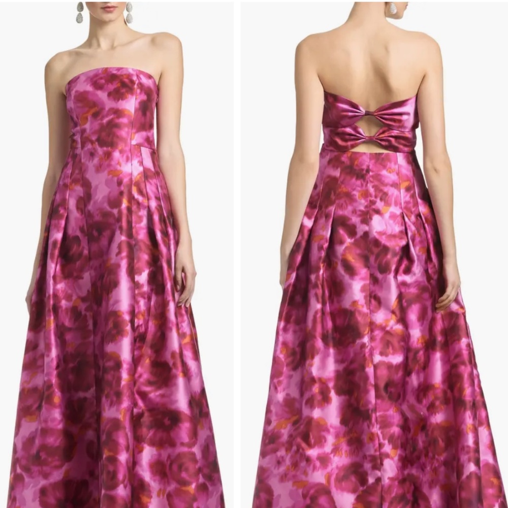 Sachin + Babi Strapless Floral-Print Ball Gown in Magenta and Burgundy